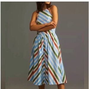 Anthropologie Blue and Brown Halter Sundress for Wedding Guest